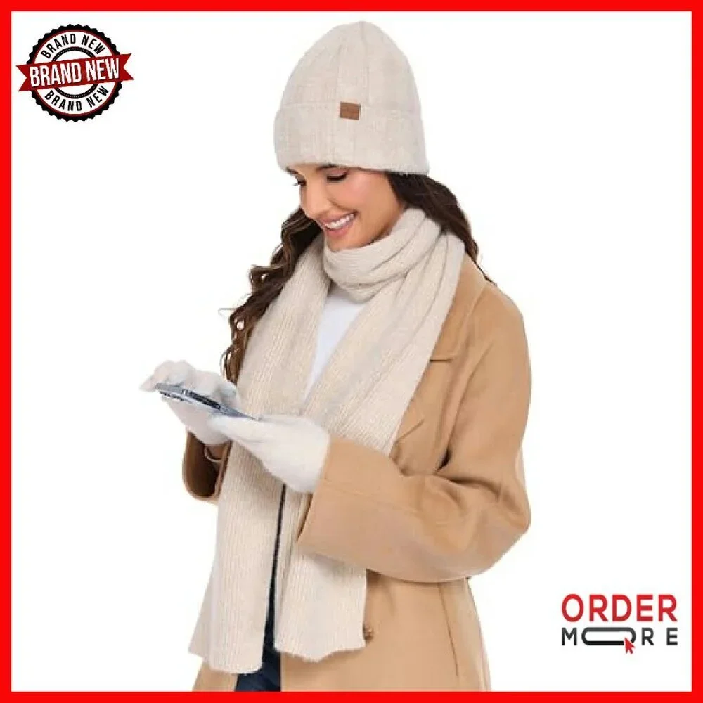 Premium Winter Beanie Scarf Gloves Set Touchscreen Warm Unisex